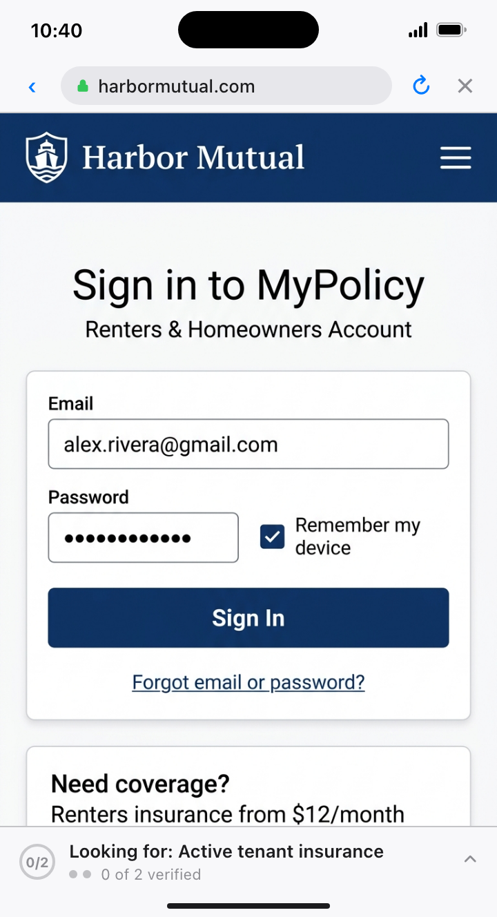 Customer signing in to Harbor Mutual Insurance inside the BlinkTrust iOS app