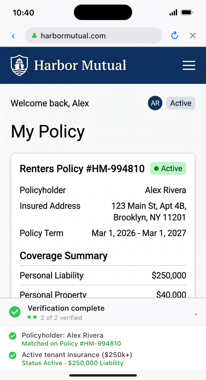 Harbor Mutual policy page with BlinkTrust Verification Complete checkmark overlay